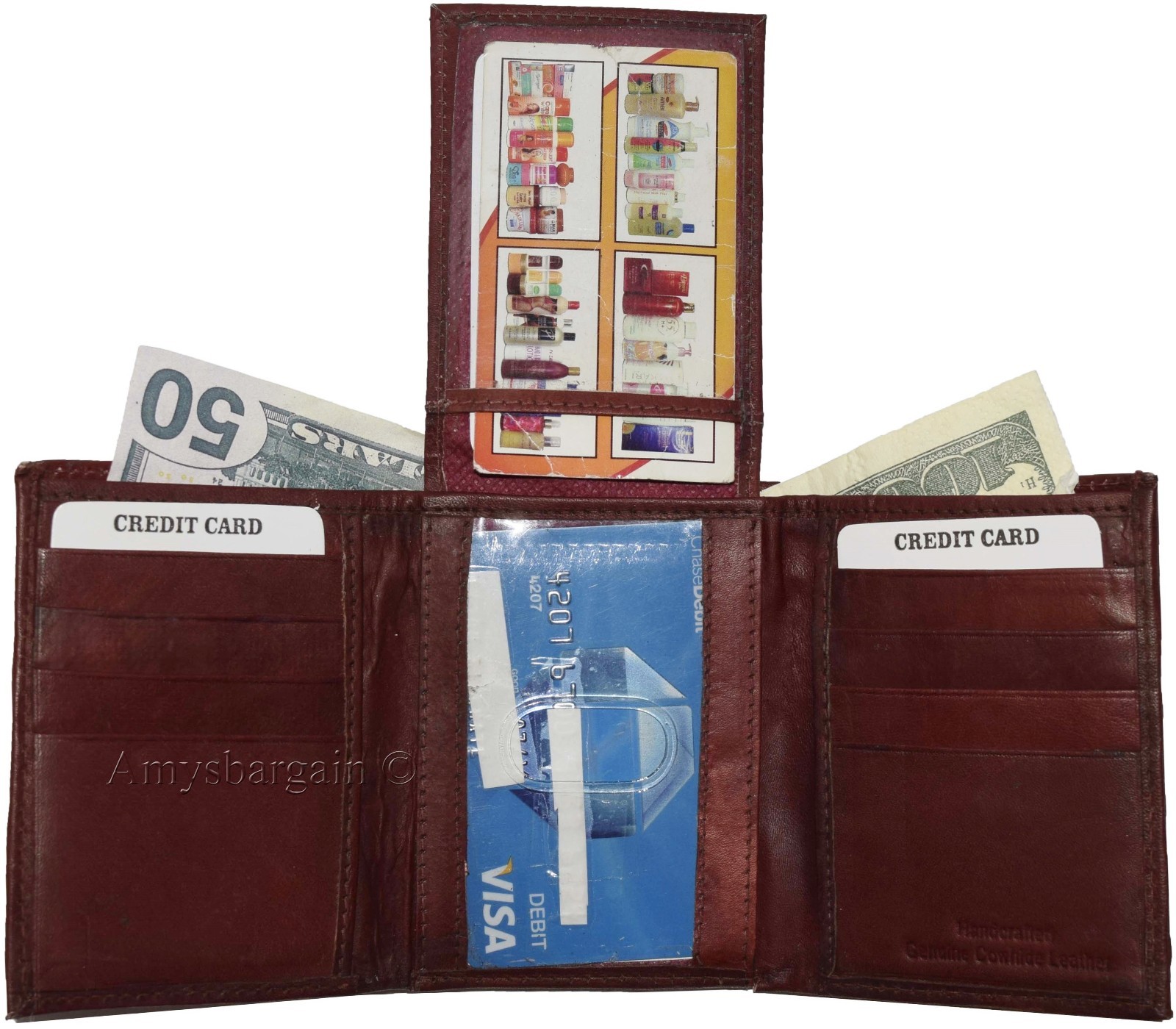 Men's Trifold Leather Wallet center piece 1 ID window 9 card 2 bill slots