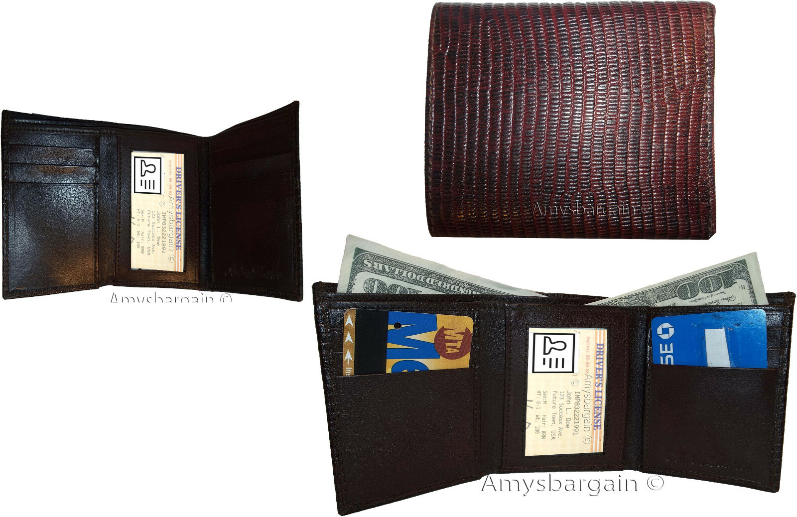 Men's Wallet Leather Trifold wallet Lizard Printed wallet ID 9 card 2 bill slots - Image 3