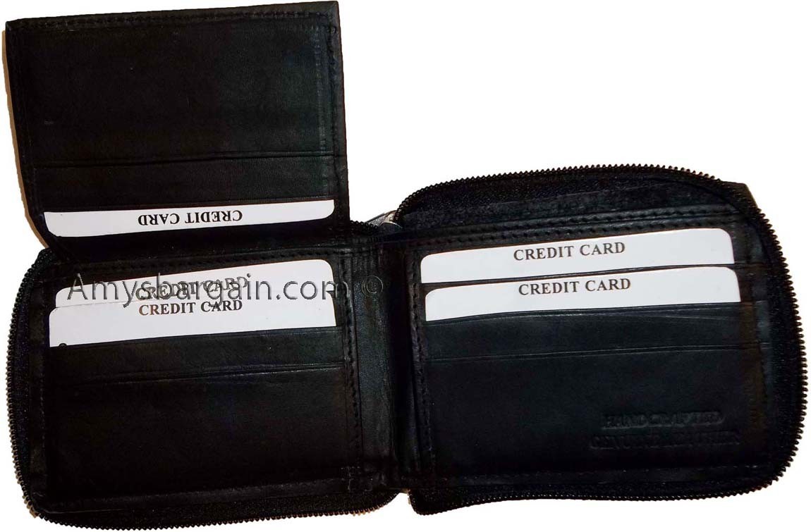 Men's Zip around Leather wallet 9 credit card ID space suede lined interior new - Image 9
