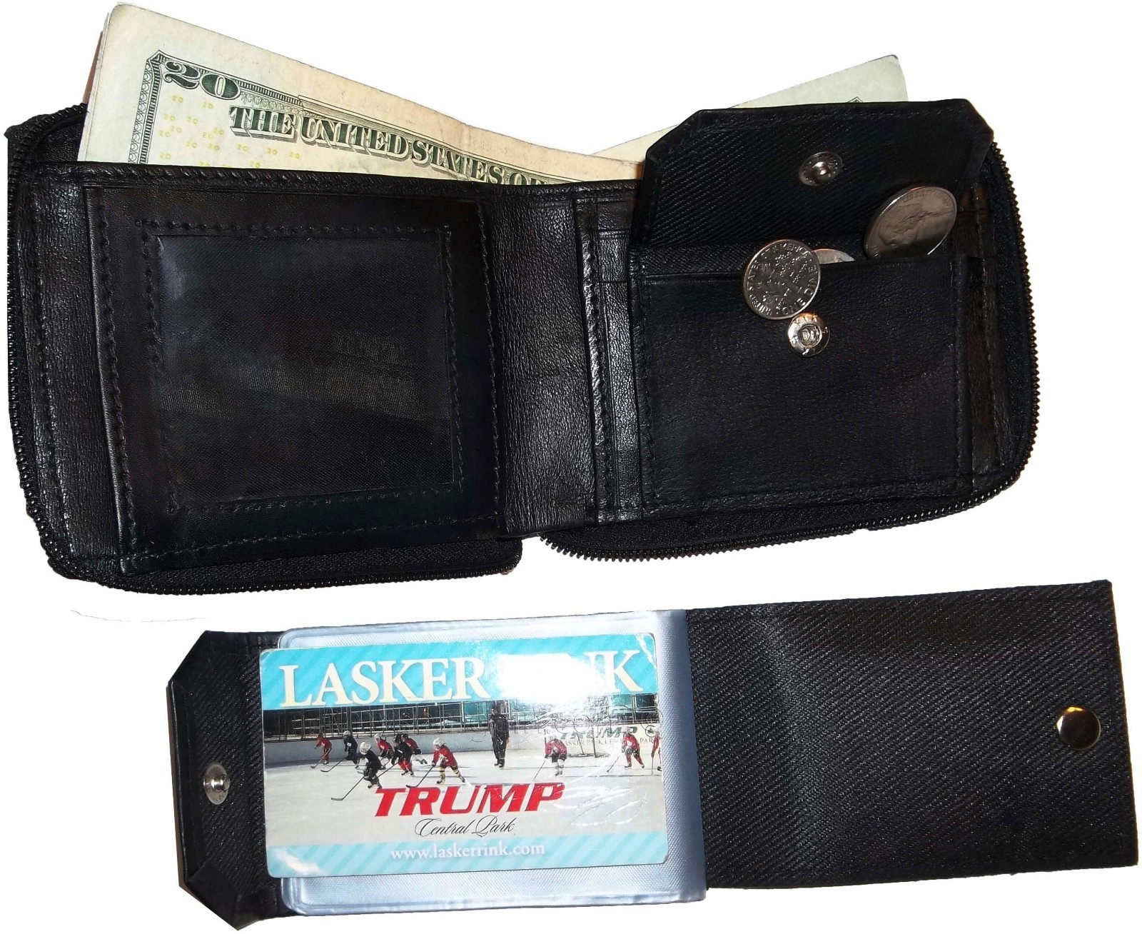 New Zip around man's Leather wallet change purse mini photo holder ID window bn - Image 4