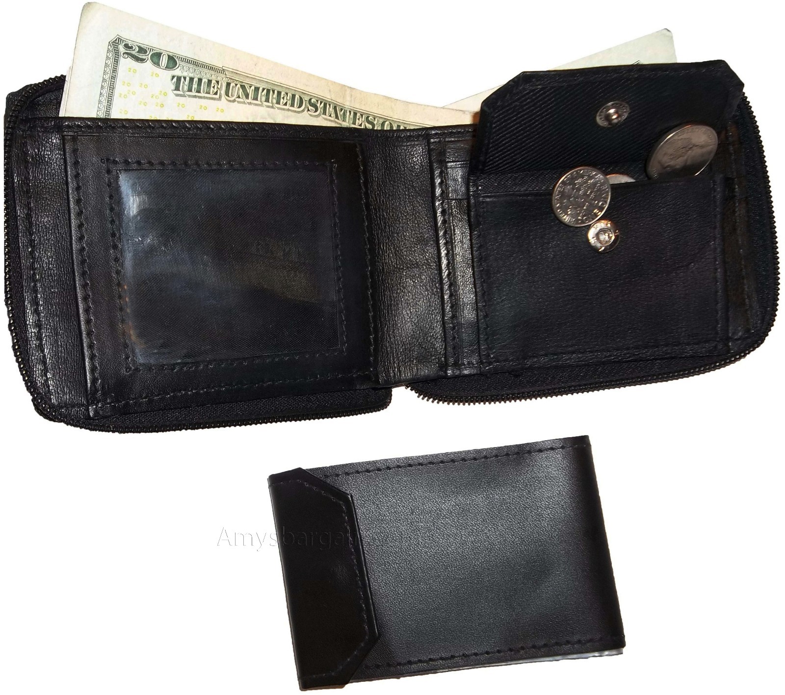 New Zip around man's Leather wallet change purse mini photo holder ID window bn - Image 5