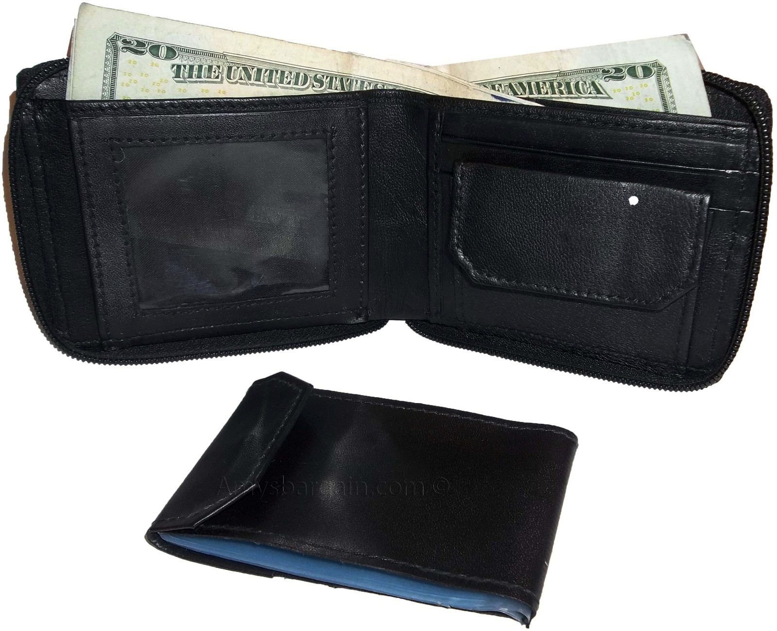New Zip around man's Leather wallet change purse mini photo holder ID window bn - Image 6