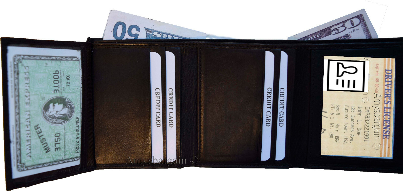 lot of 6 man's genuine calfskin leather trifold wallet 2 id 8 card 2 bill slots - Image 9