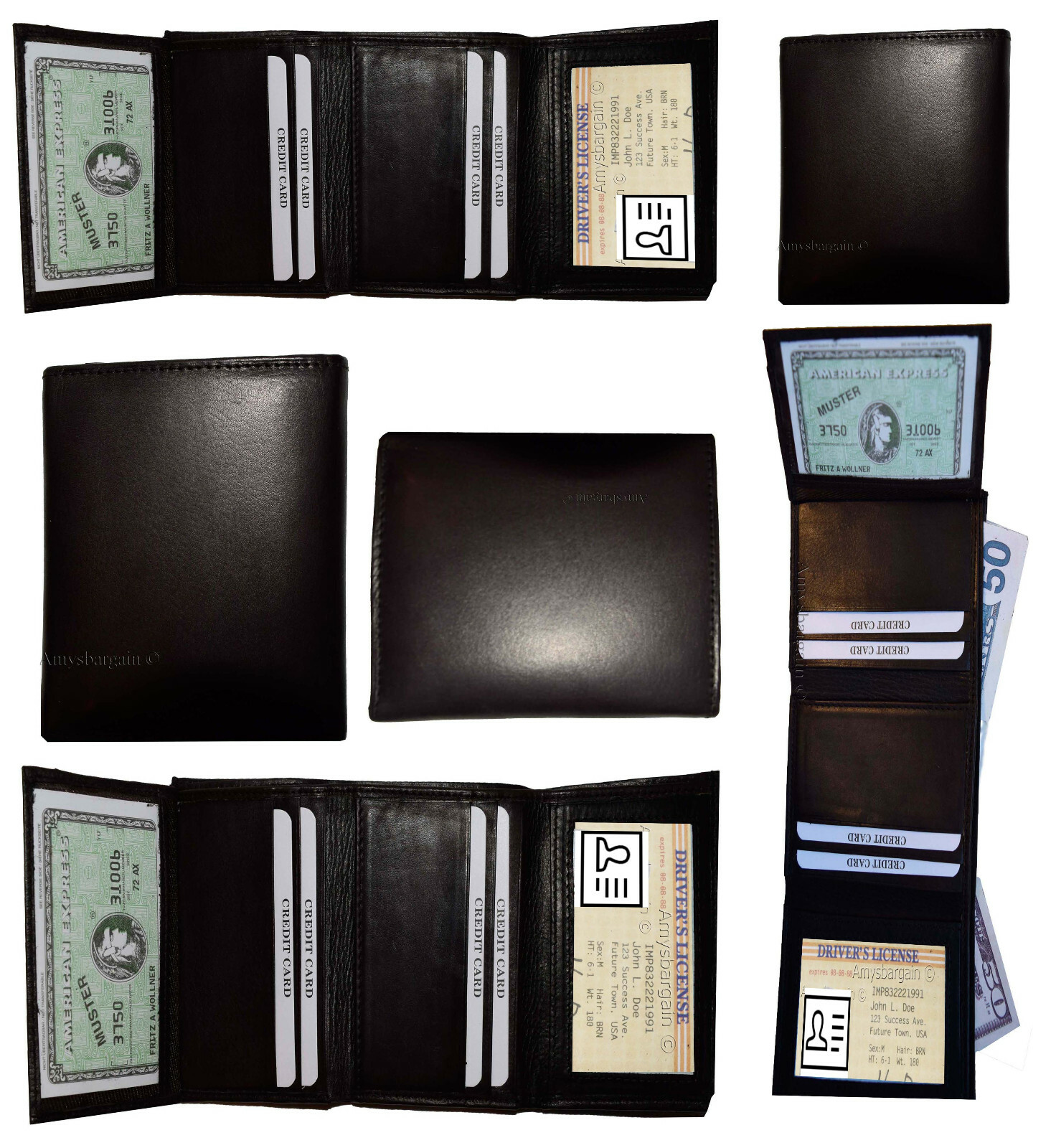 lot of 6 man's genuine calfskin leather trifold wallet 2 id 8 card 2 bill slots
