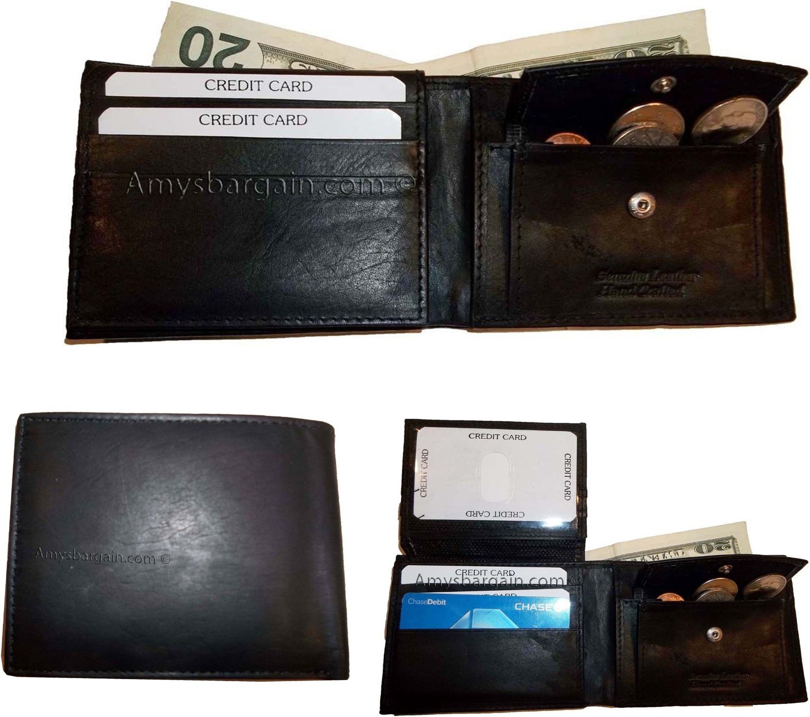 3 New Men's bi-fold Leather Wallet 7 credit card ID Change purse 2 bill slot BN