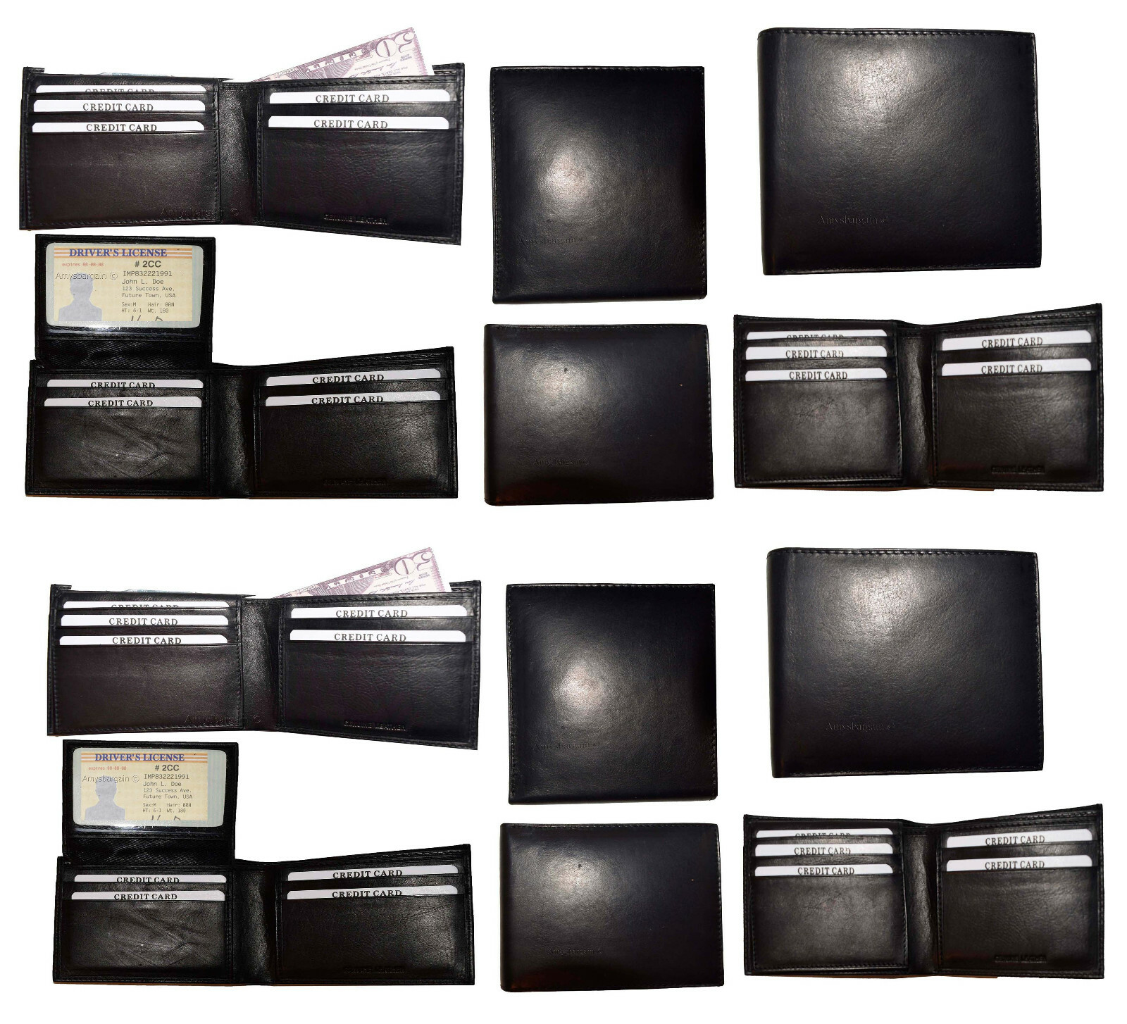 Lot of 12 Men's Black Bifold Calfskin leather 2 Bill pockets 7 card 1 ID B new