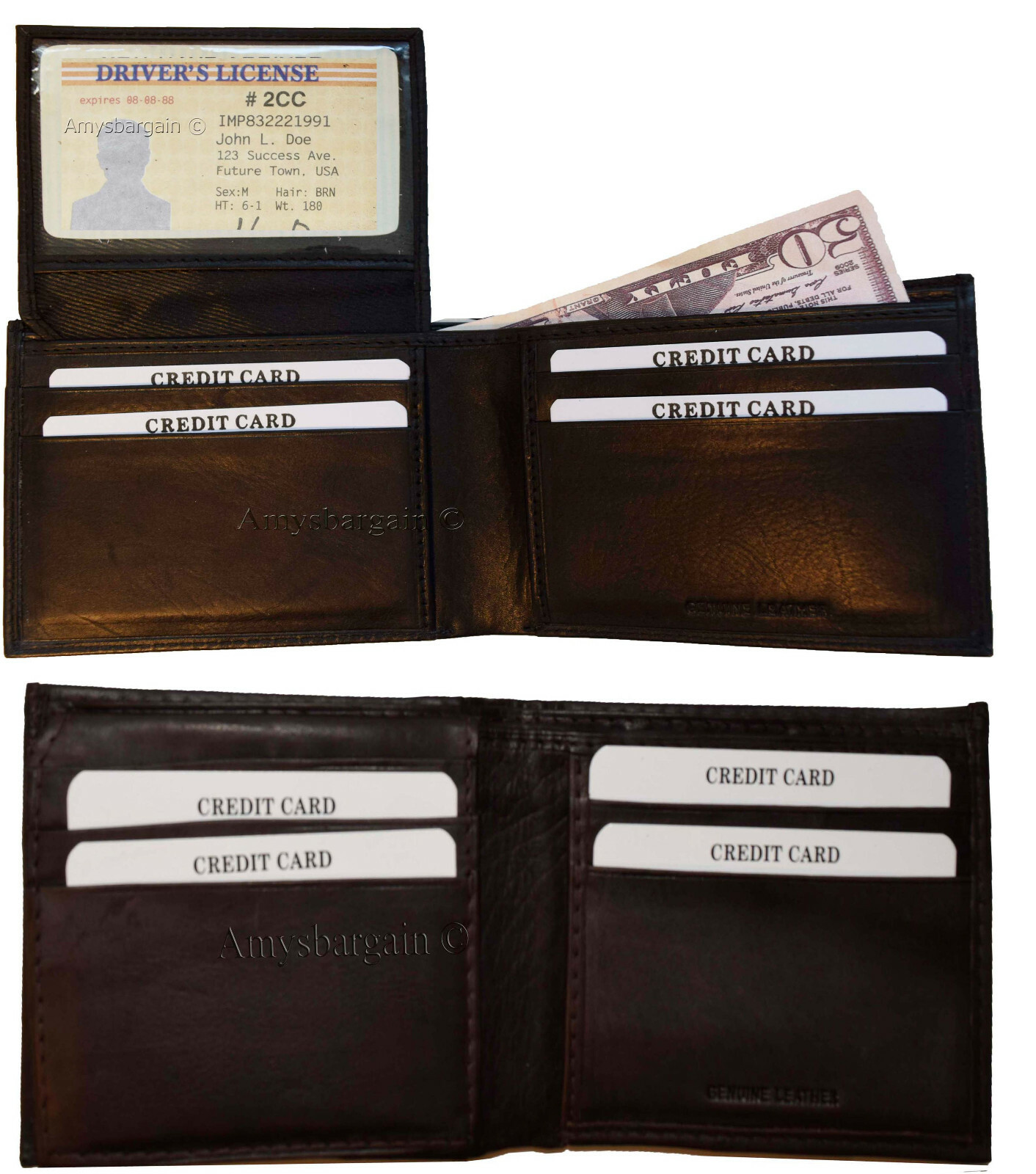 Lot of 2 Men's Brown Bifold Calfskin leather wallet, 2 Bil slots 7 card 1 ID Win