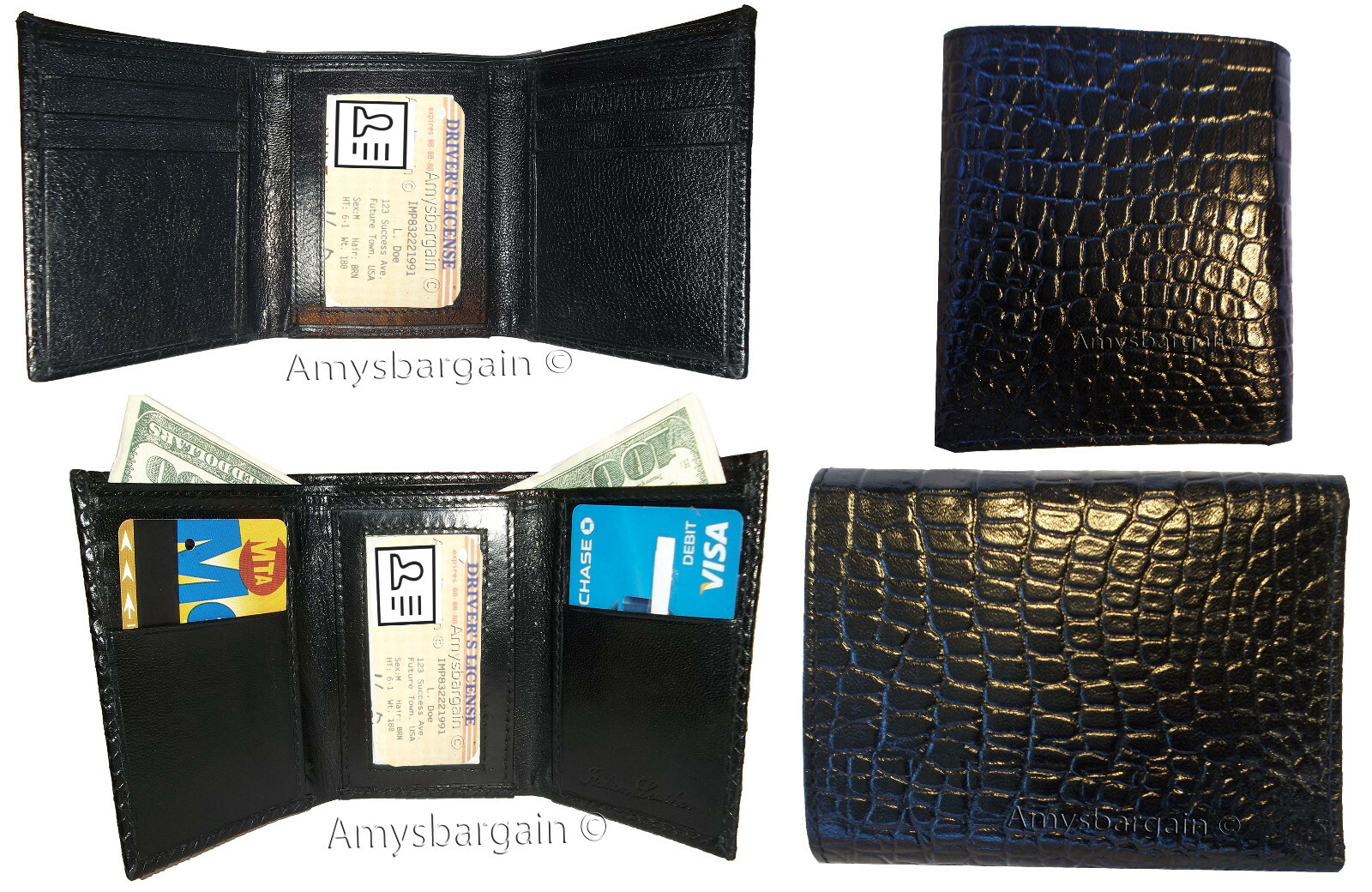 Lot of 3 Italian Style Crocodile Printed Leather Man's Black Trifold wallet BNWT - Image 11
