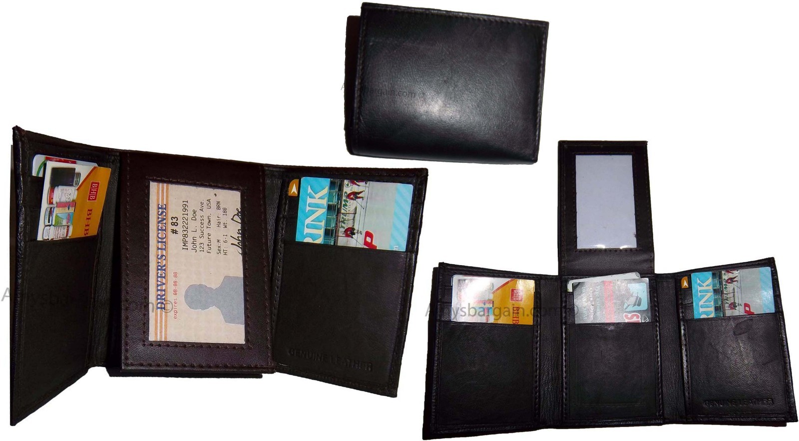 Lot of 3 new brown trifold leather men’s wallet 1 ID 9 card 2 bill spaces.