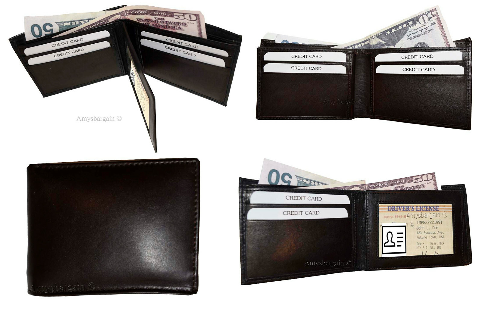 Lot of 4 New Men's High-end leather billfold wallet, Brown 6 credit card bifold - Image 5