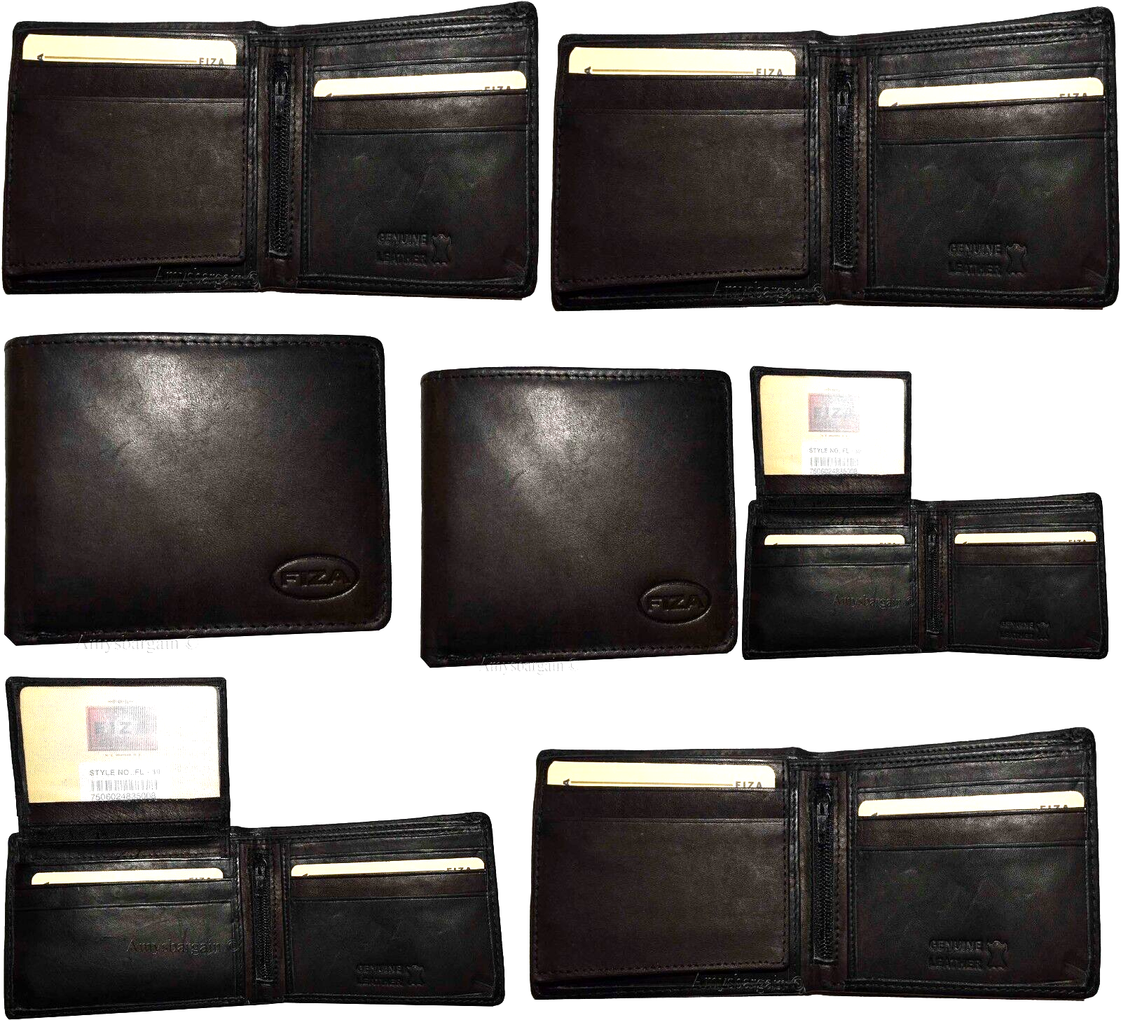 Lot of 6 FIZA NY Leather men's Black wallet Billfold wallet 2 Bill slots in Box