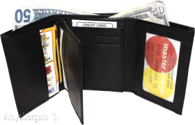 Men's trifold wallet Genuine Leather 9 credit card 2 ID Bill slots Black Wallet