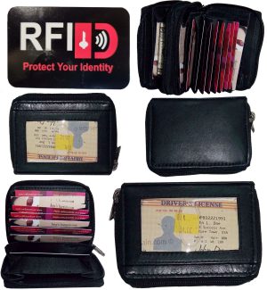 New RFID Black Solid Leather Accordion Wallet Zip Around ID credit Card holder