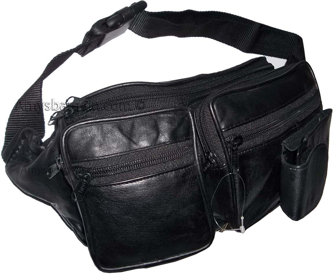Black Leather waist pouch large waist bag leather bag sports bag 7 zip pockets - Image 3