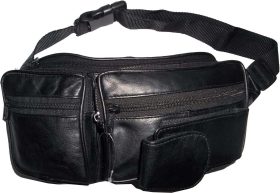 Black Leather waist pouch large waist bag leather bag  sports bag 7 zip pockets
