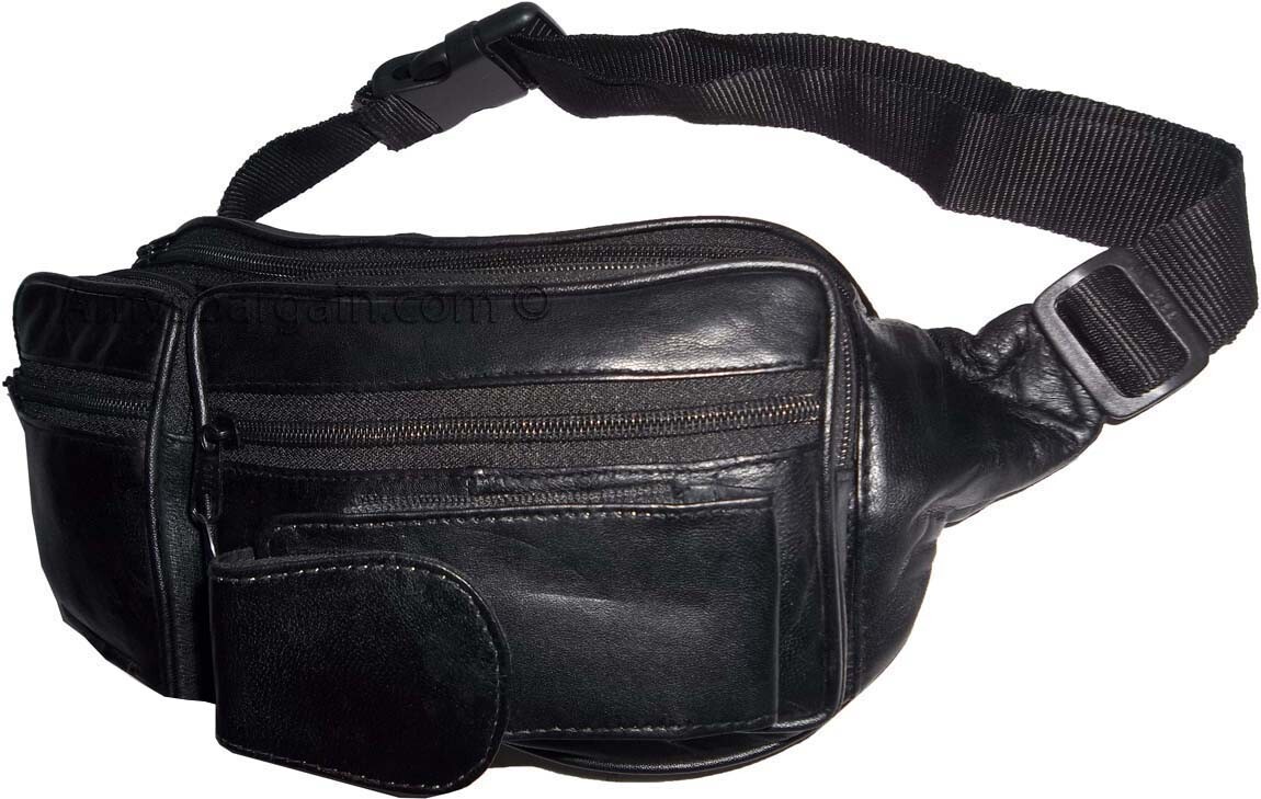 Black Leather waist pouch large waist bag leather bag sports bag 7 zip pockets - Image 4