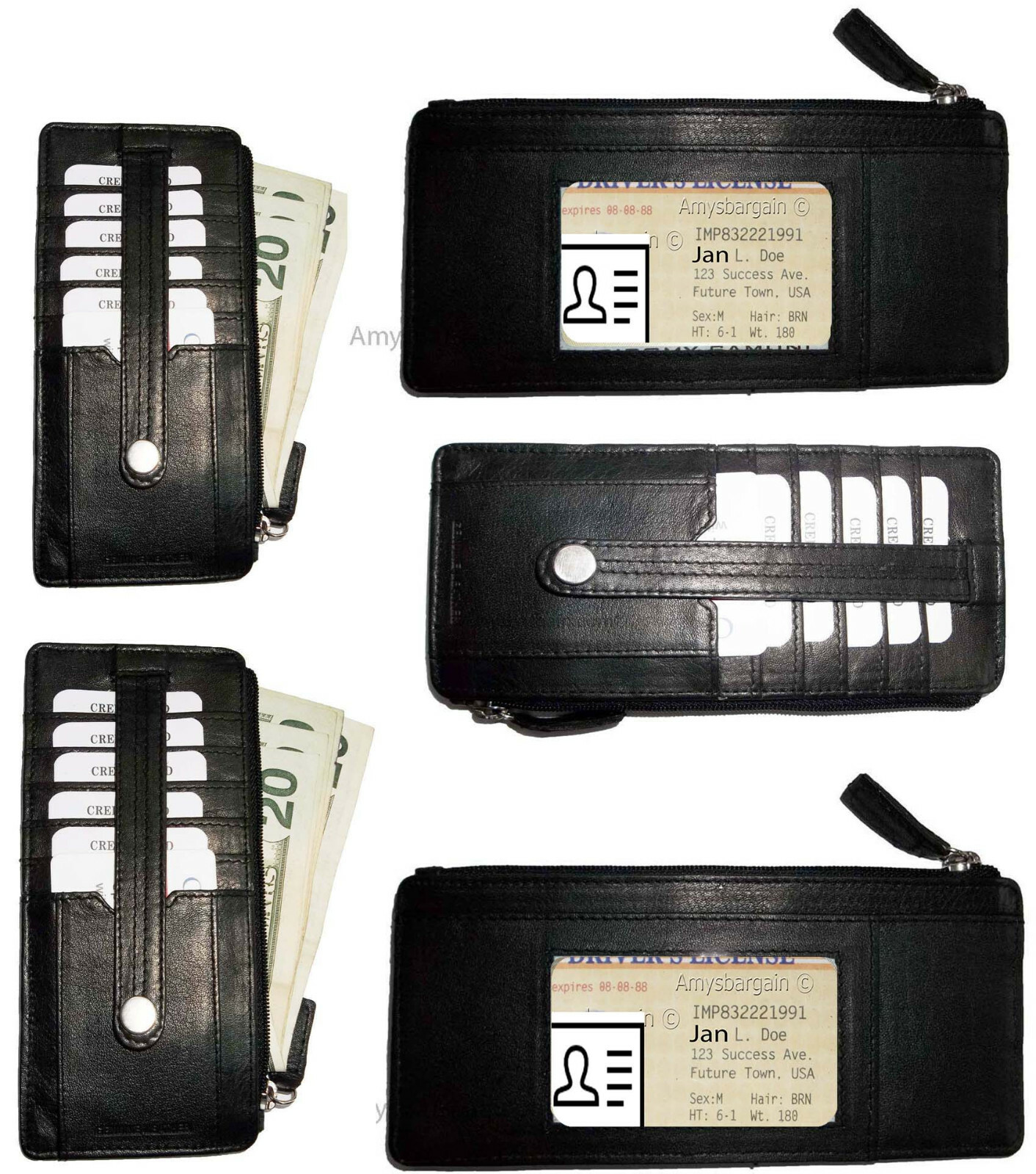 Lot of 3 Black Solid Genuine Leather Wallet, Zipper Case Credit Card ID Holder - Image 6