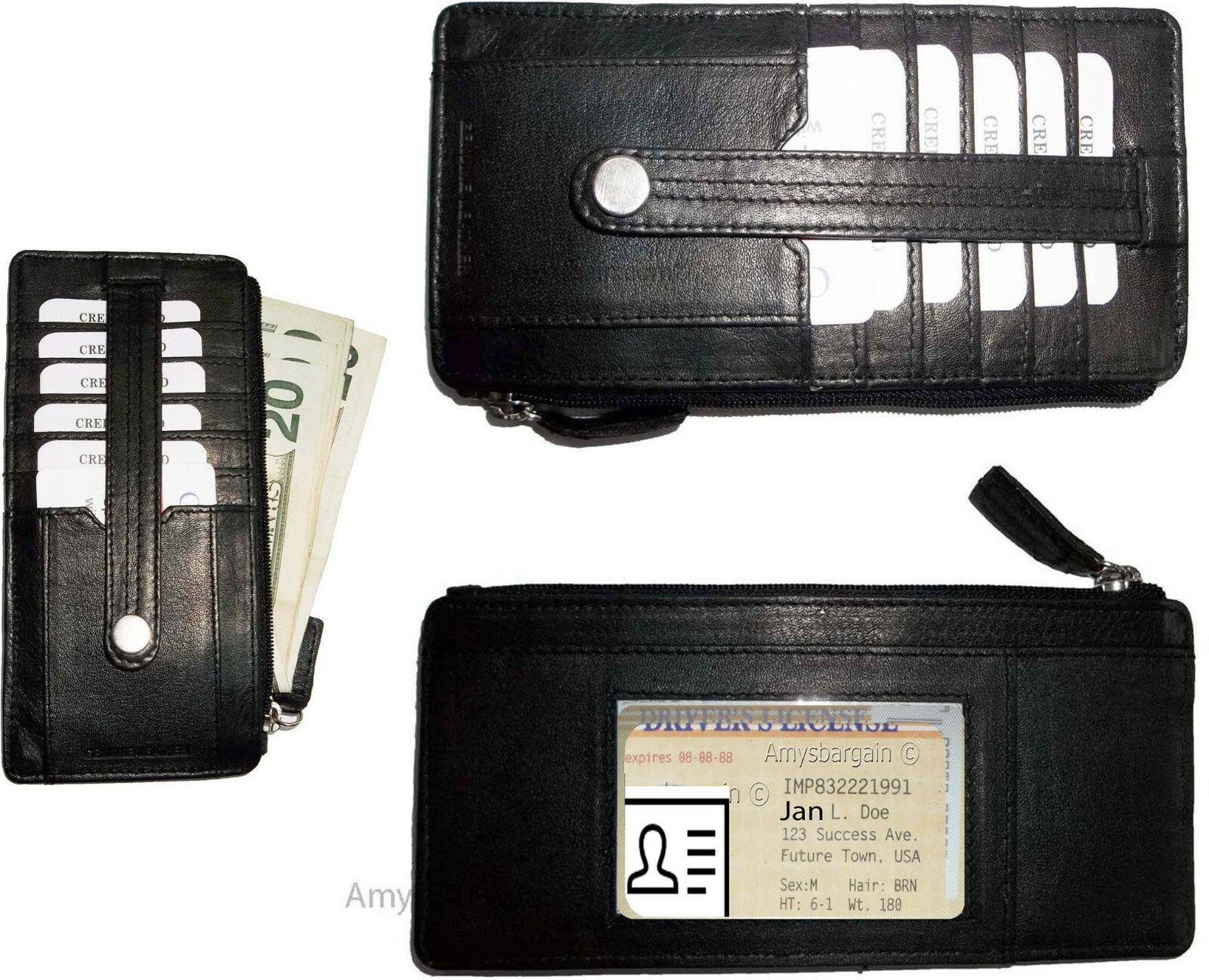 Lot of 3 Black Solid Genuine Leather Wallet, Zipper Case Credit Card ID Holder
