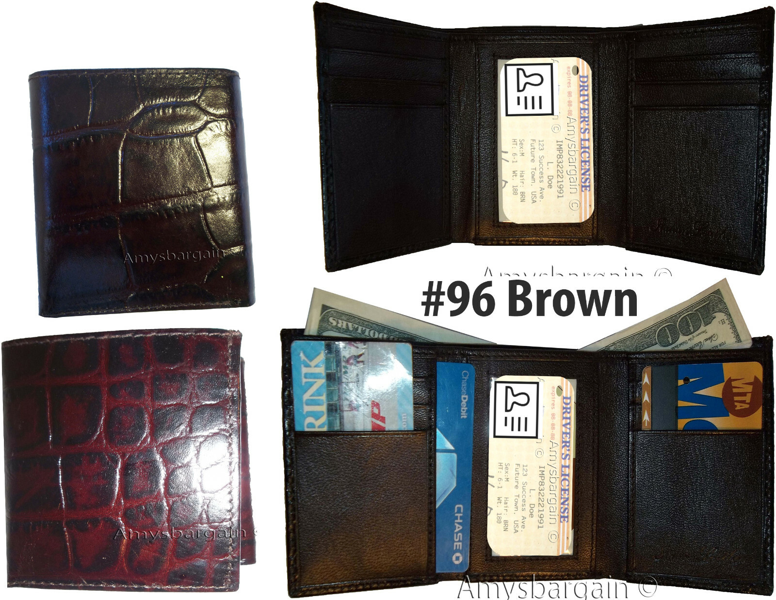 Lot of 4 Italian Style Crocodile Printed Leather Man's Brown Trifold wallet new