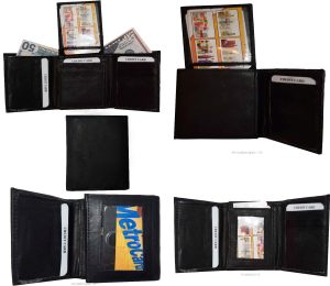 Men's Wallet Center piece Trifold Men's 1 ID 9 card 2 bill slots black wallet BN