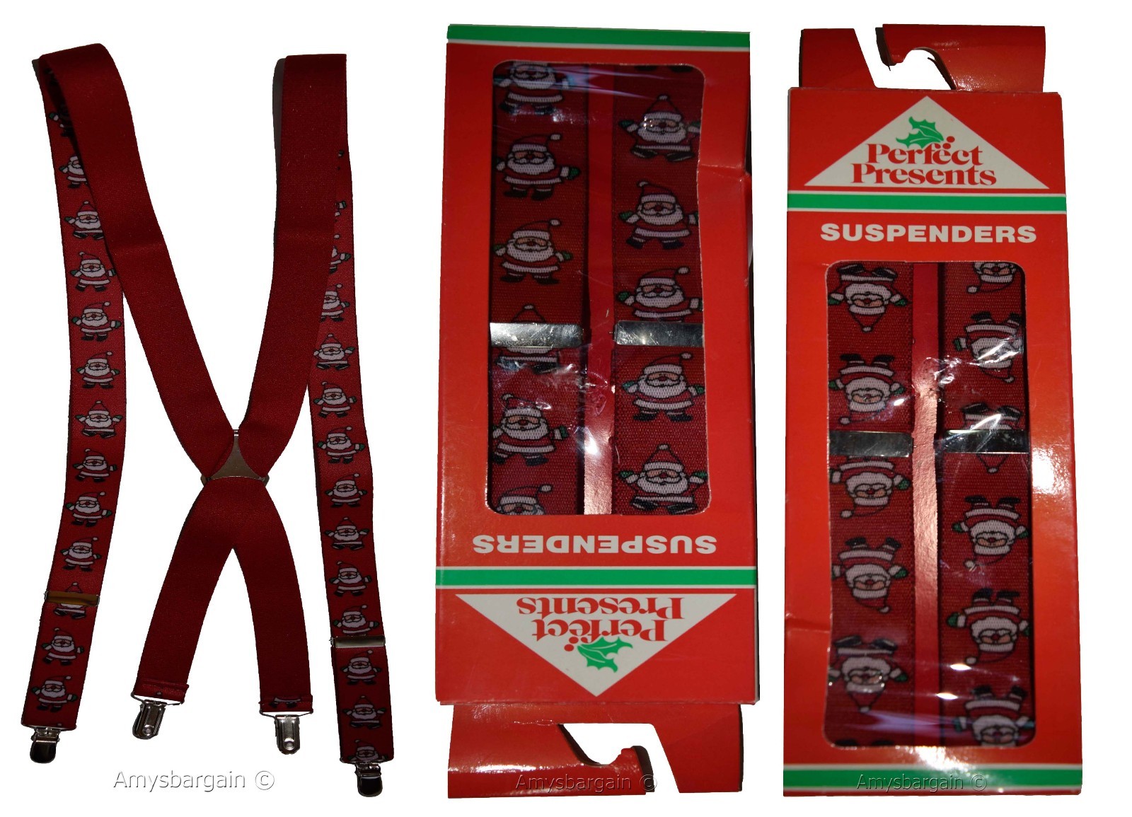 Santa Claus Suspenders. Christmas Gift item. X-Mas gift suspenders Clip on B New