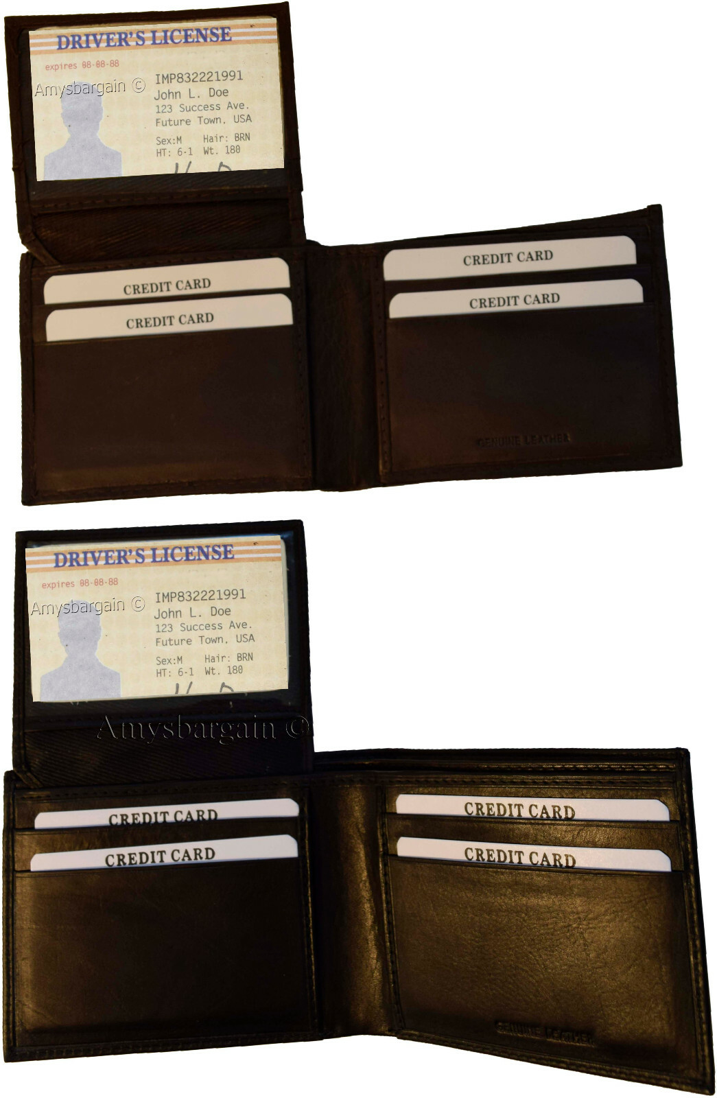 lot of 4 men's bifold calfskin leather wallet 2 bill slots 7 card 1 id window - Image 8