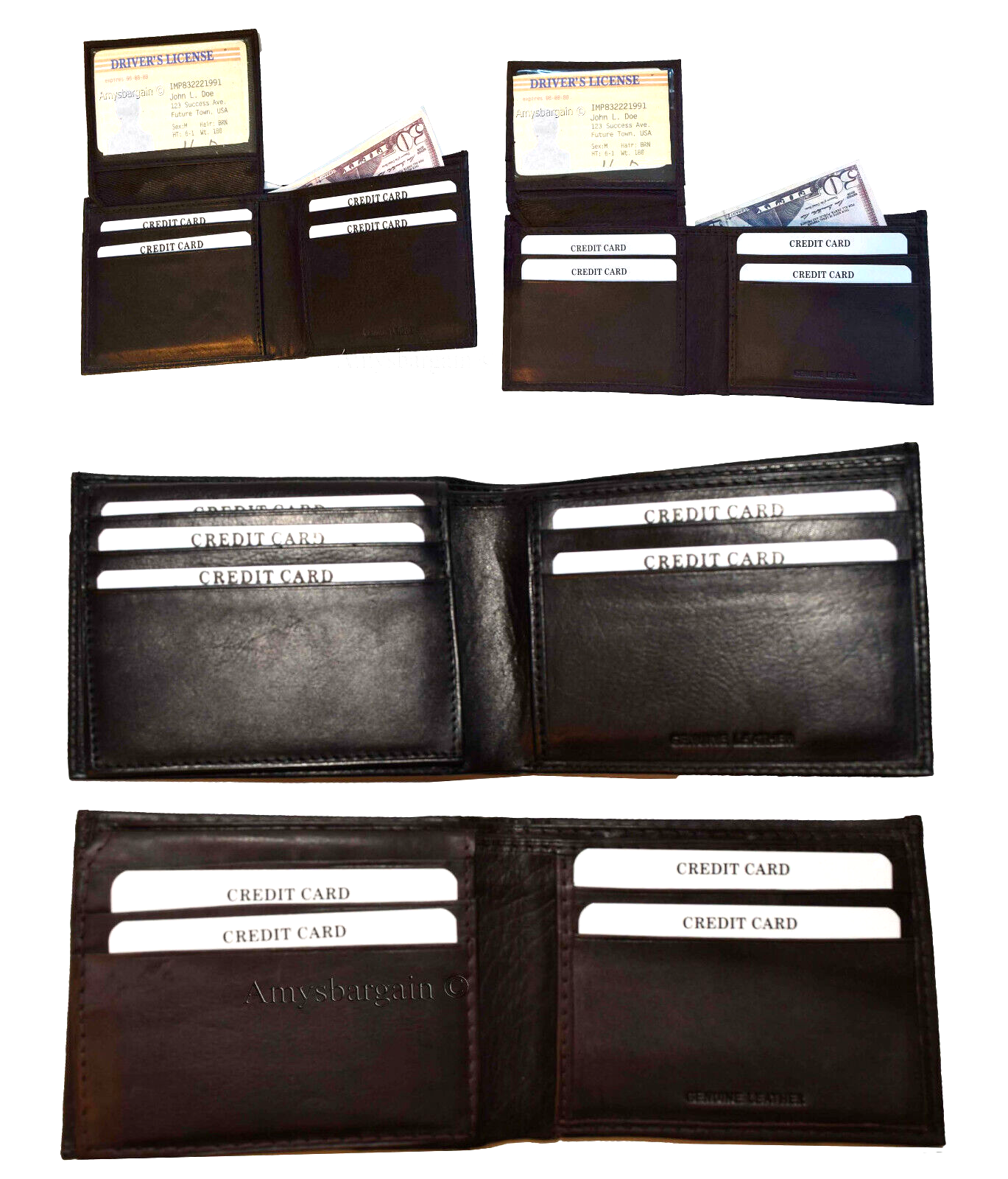 lot of 4 men's bifold calfskin leather wallet 2 bill slots 7 card 1 id window