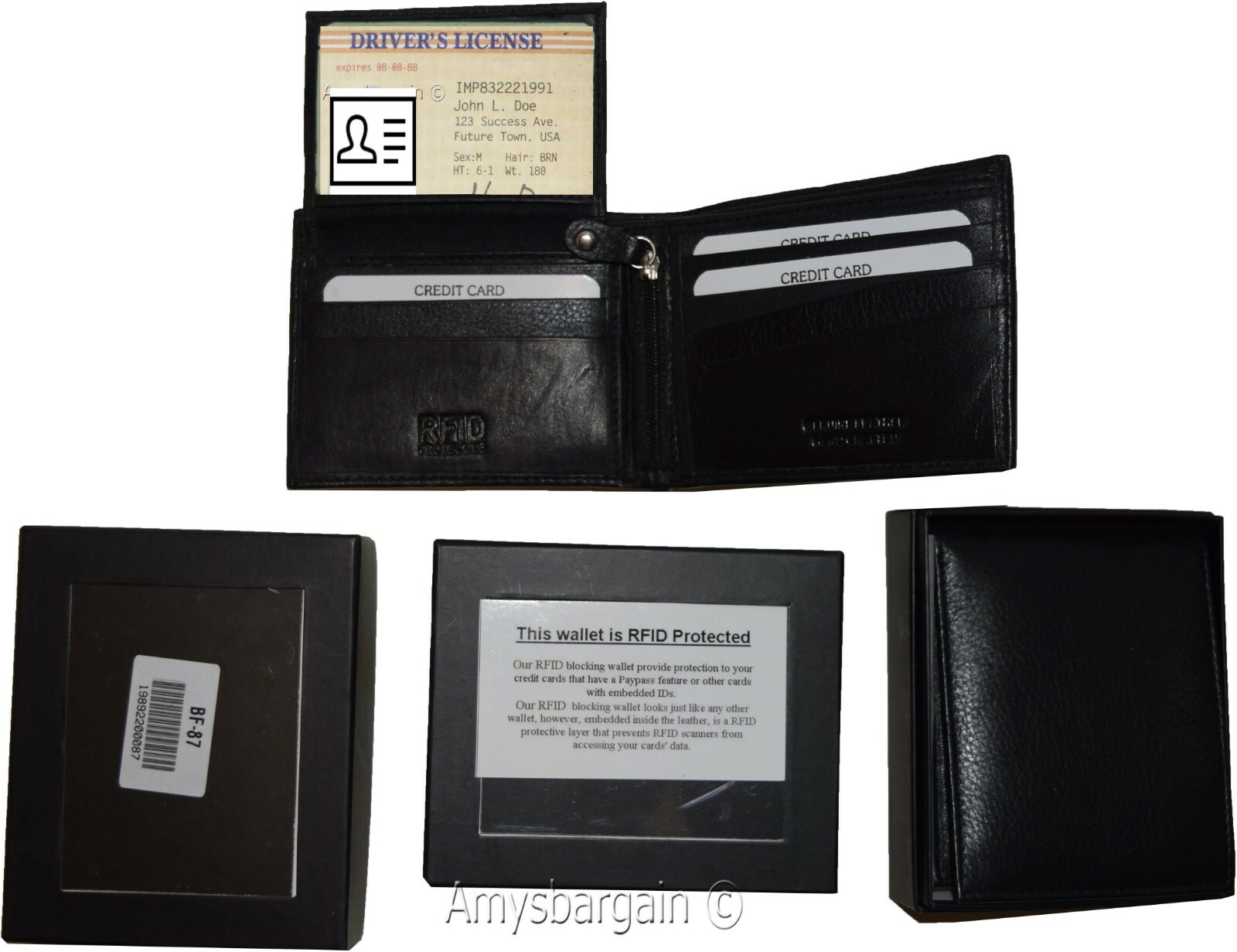rfid men's leather wallet bifold genuine leather 3 billfold 2 id new in box - Image 12