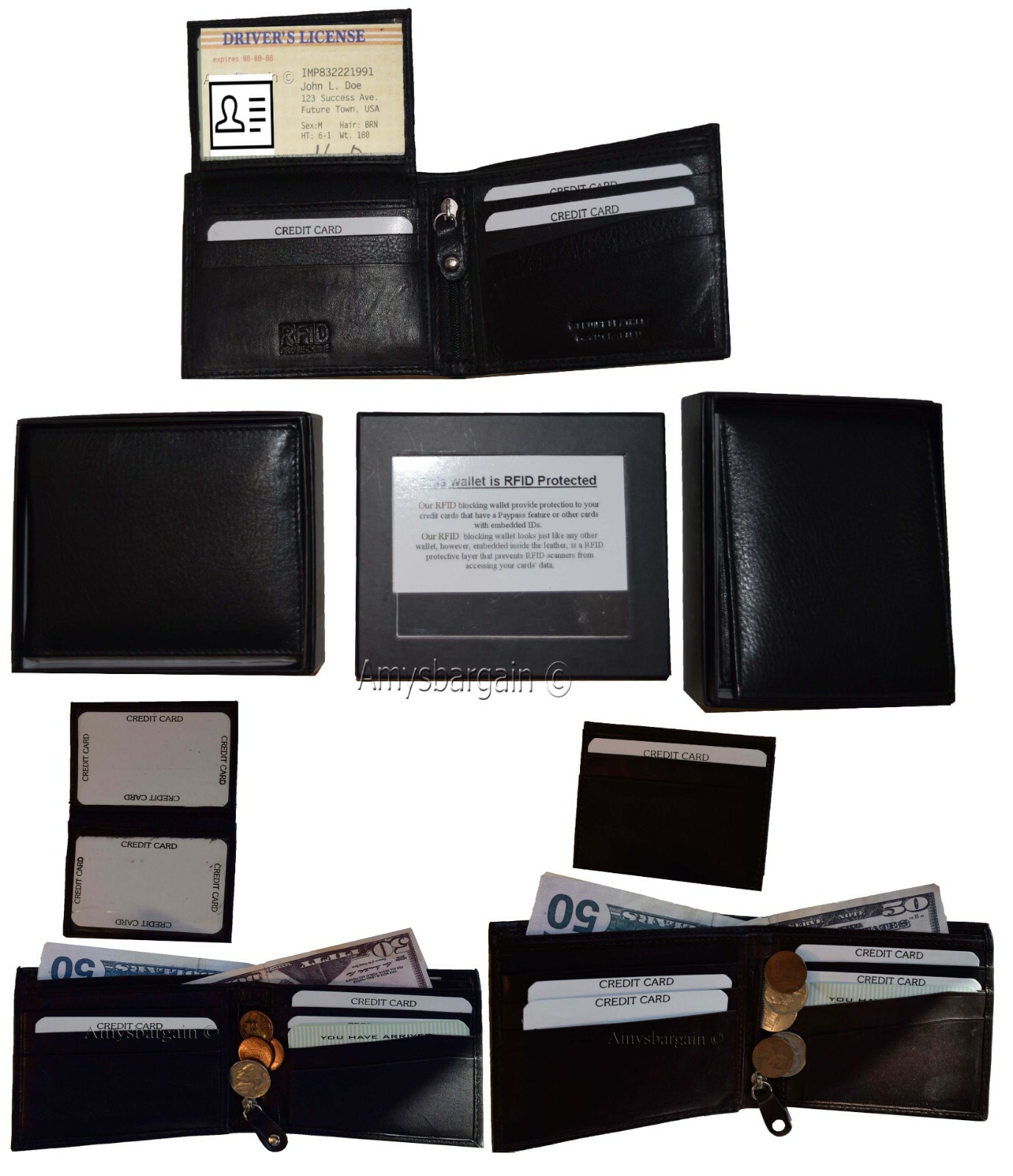 rfid men's leather wallet bifold genuine leather 3 billfold 2 id new in box - Image 6