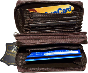 women’s leather accordion wallet brown credit card holder 2 zipper purse wallet