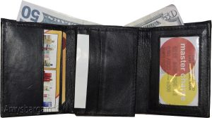 Genuine Leather trifold Men's wallet 9 credit card 2 ID Bill slots Black Wallet - Image 5