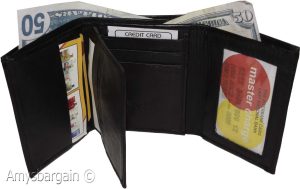 Genuine Leather trifold Men's wallet 9 credit card 2 ID Bill slots Black Wallet - Image 7