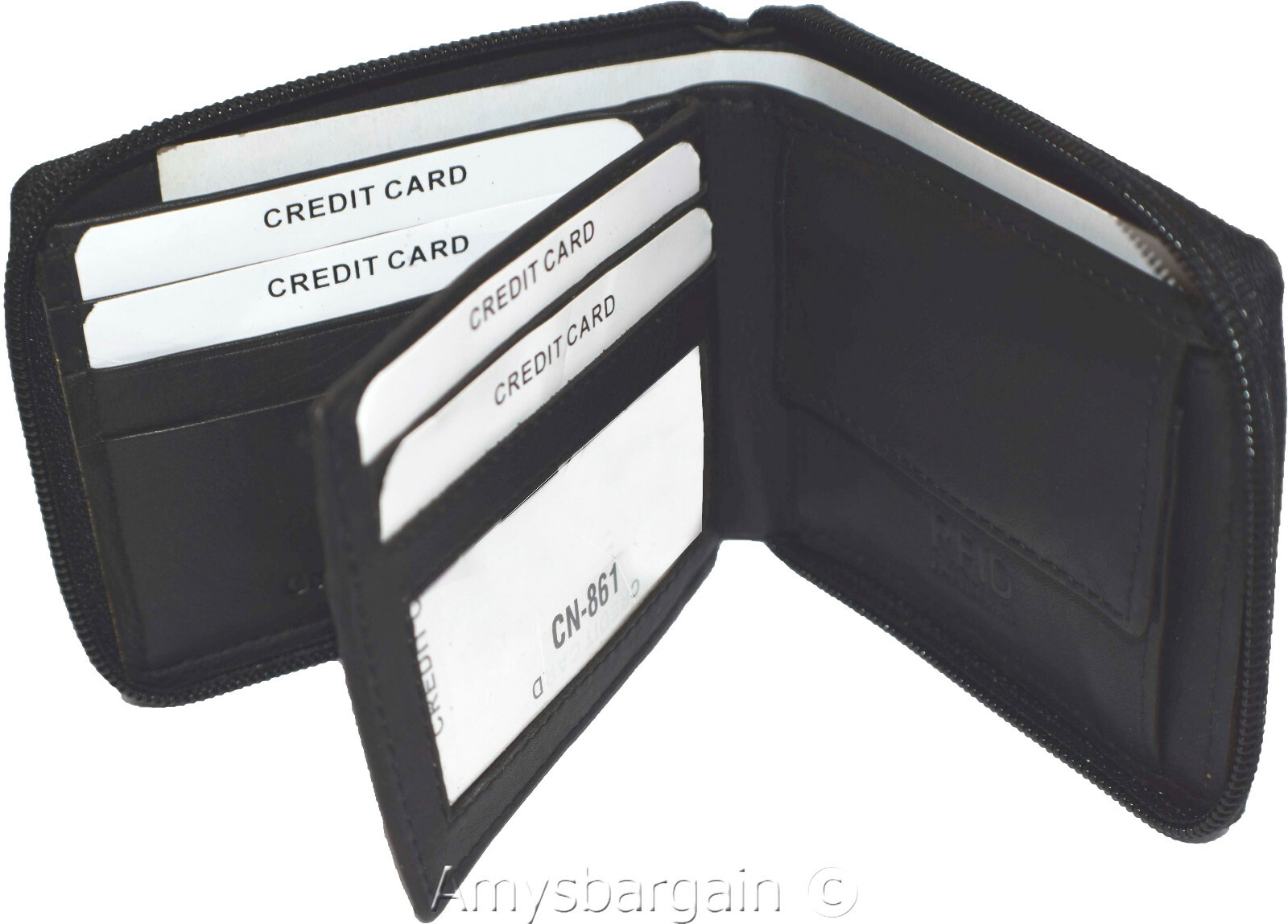 Leather RFID wallet Men's zip around leather 2 billfolds 7 card ID change in Box - Image 3