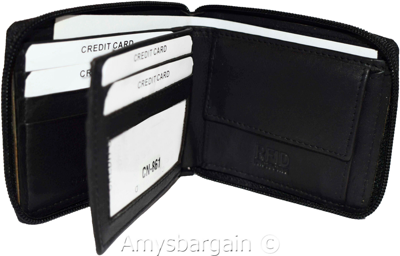 Leather RFID wallet Men's zip around leather 2 billfolds 7 card ID change in Box - Image 6