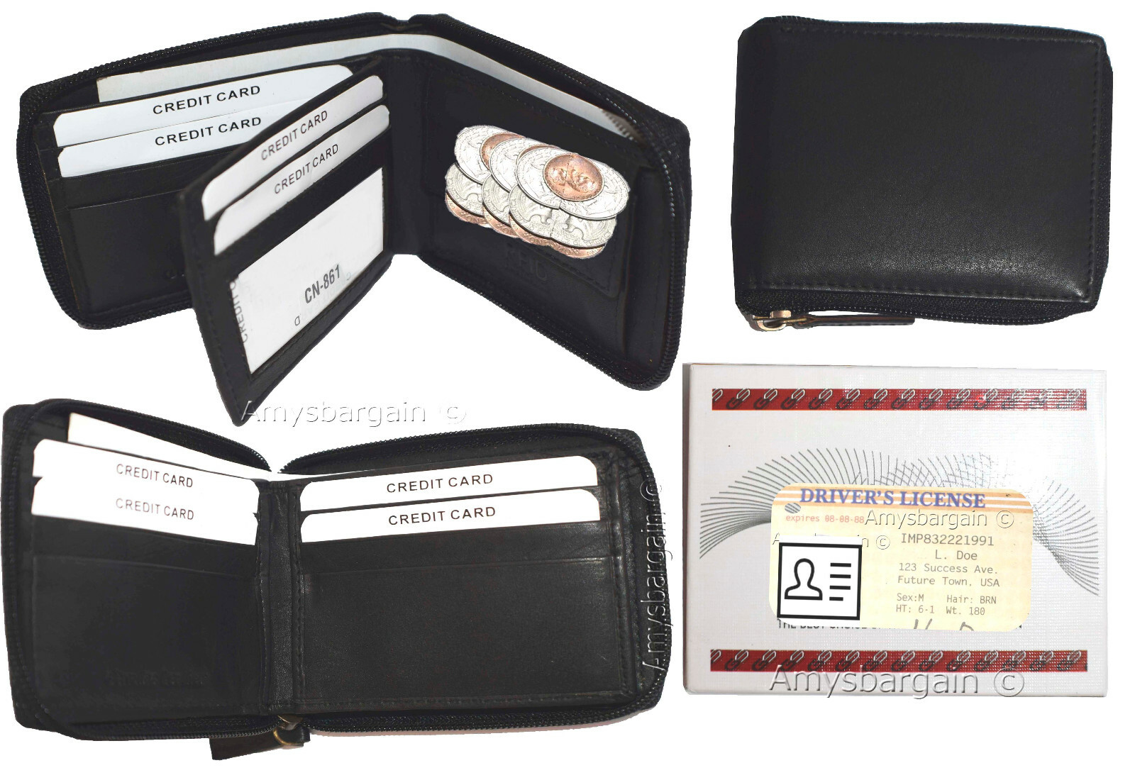 Leather RFID wallet Men's zip around leather 2 billfolds 7 card ID change in Box