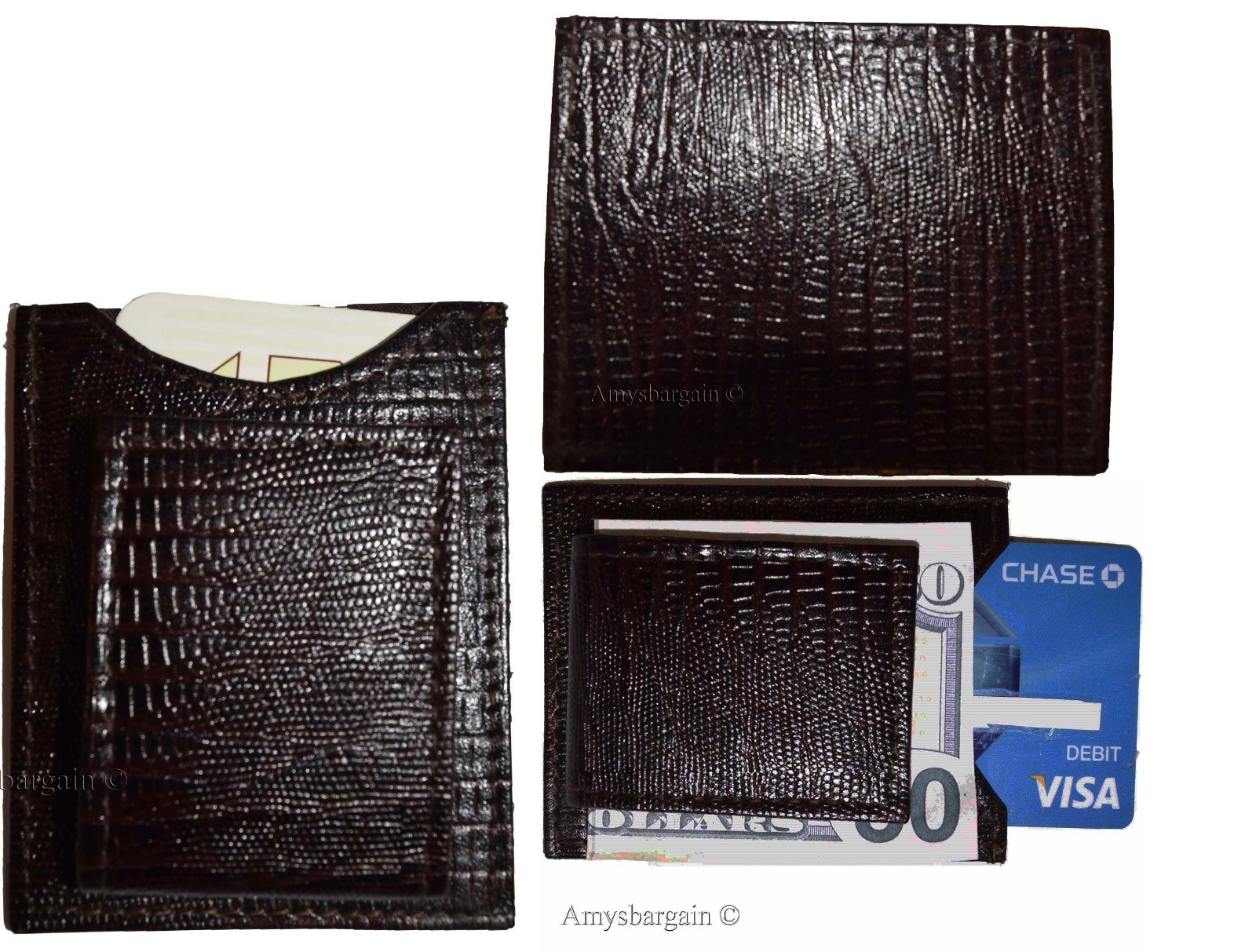 Lot of 3 Brown Lizard skin printed leather money clip, unbranded money Clip New