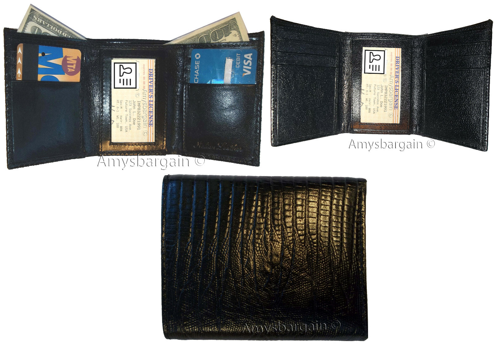 Lot of 3 Italian Style Lizard skin Printed Leather Man's Black Trifold wallet BN