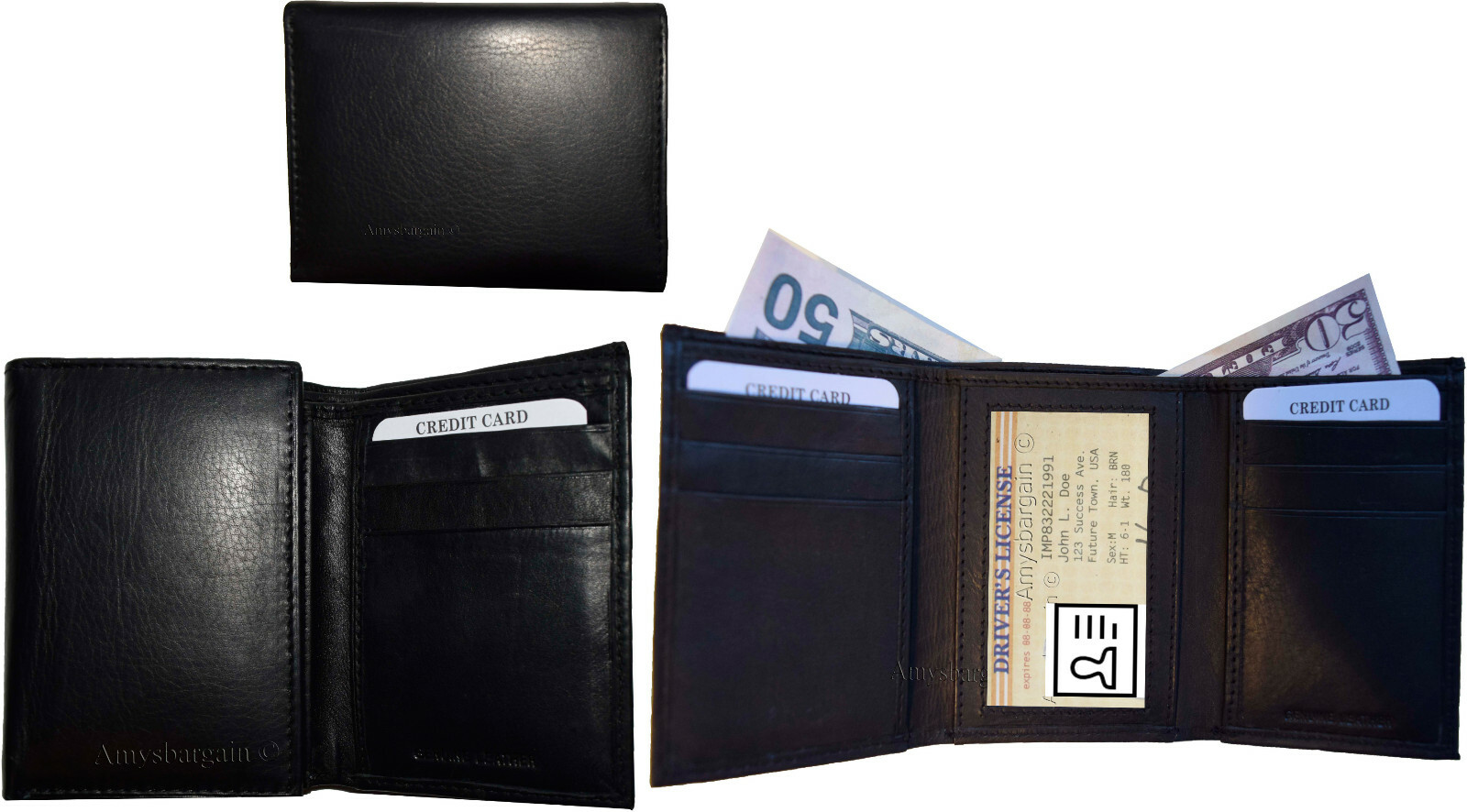 Lot of 3 New leather man's trifold wallet ID case 2 bill slots 6 credit cards bn