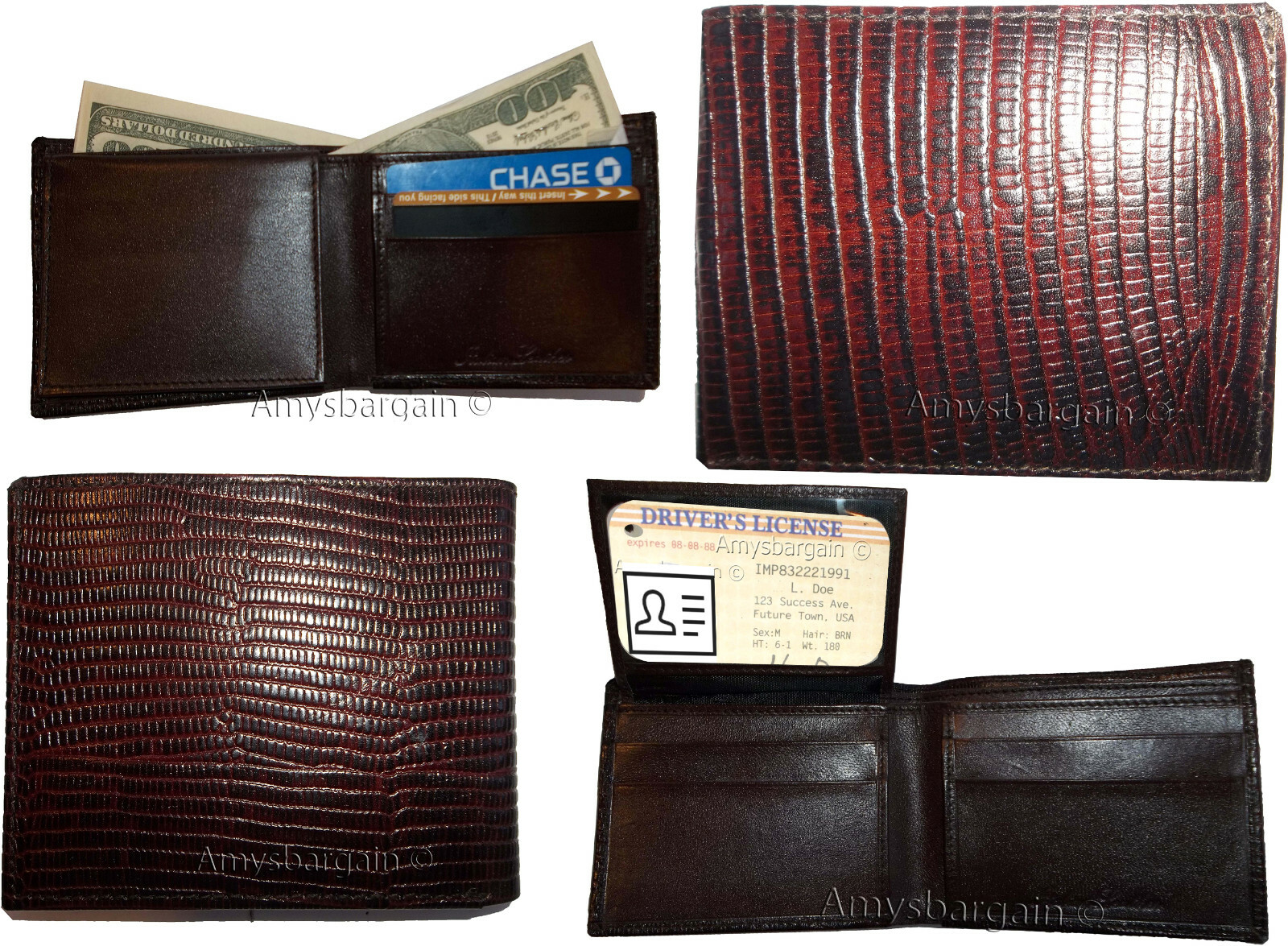 Lot of 5 Lizard Skin Printed Leather Man's Brown billfold wallet 6 cards ID new - Image 4