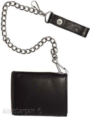 Men's genuine leather trifold chain wallet motorcycle trucker biker black wallet - Image 10