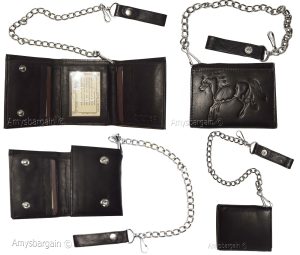 Men's genuine leather trifold chain wallet motorcycle trucker biker black wallet