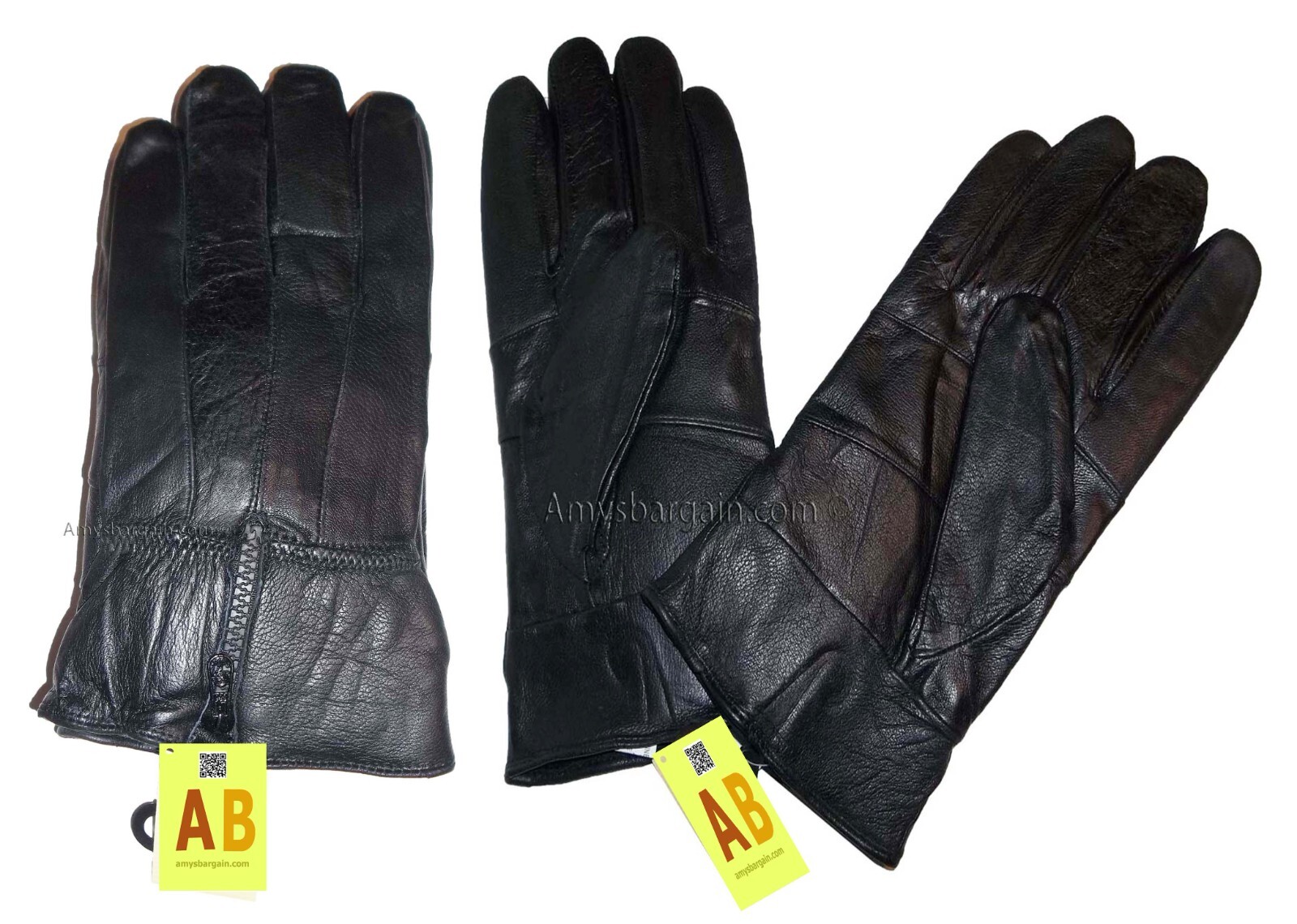 Men's leather gloves, Black Zip on wrist winter gloves lined warm gloves Br New