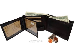 Men'sBlack Leather Wallet Bifold Wallet 2 Bill spaces 2 flip-side ID Coin case
