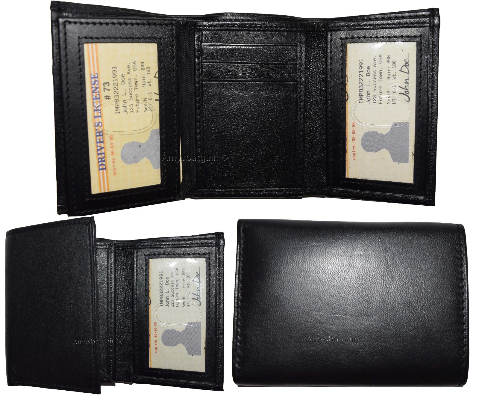 lot of 3 trifold leather men’s wallet 9 card space 2 id window 2 bill slots new