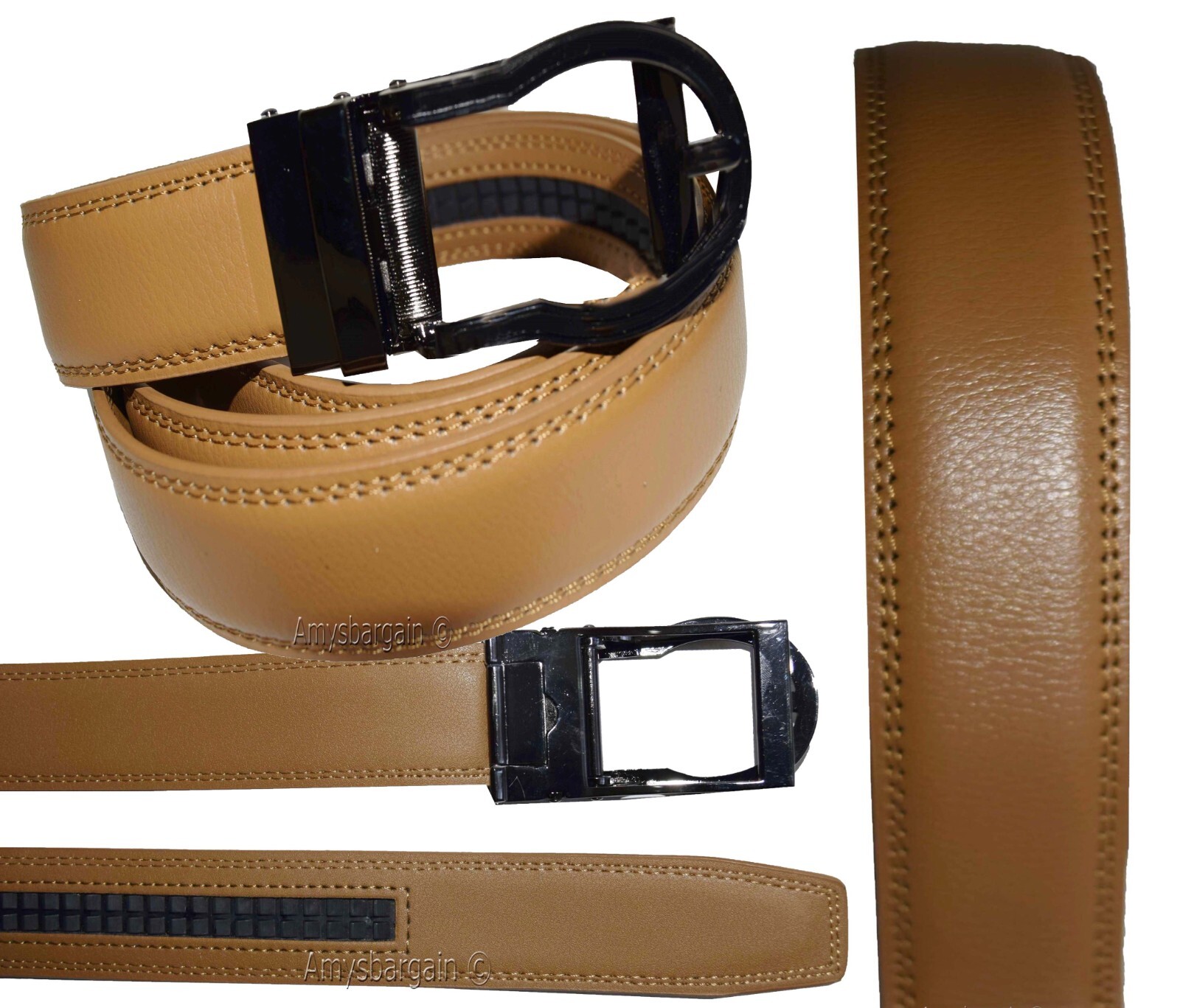 men's Camel belt 43" genuine leather dress casual automatic transparant buckle