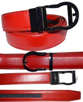 men's red belt 43" genuine leather dress casual automatic transparant buckle