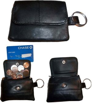 women/men's mini leather change purse key ring coin bag mini wallet black case