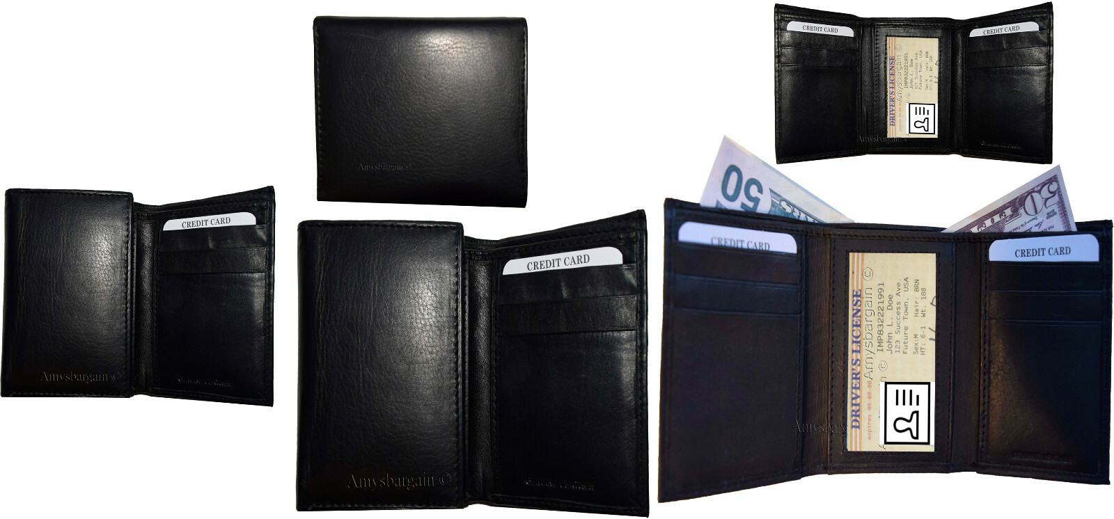 Lot of 2 New Men's Black leather trifold wallet 6 credit cards 2 bill slots BN - Image 4