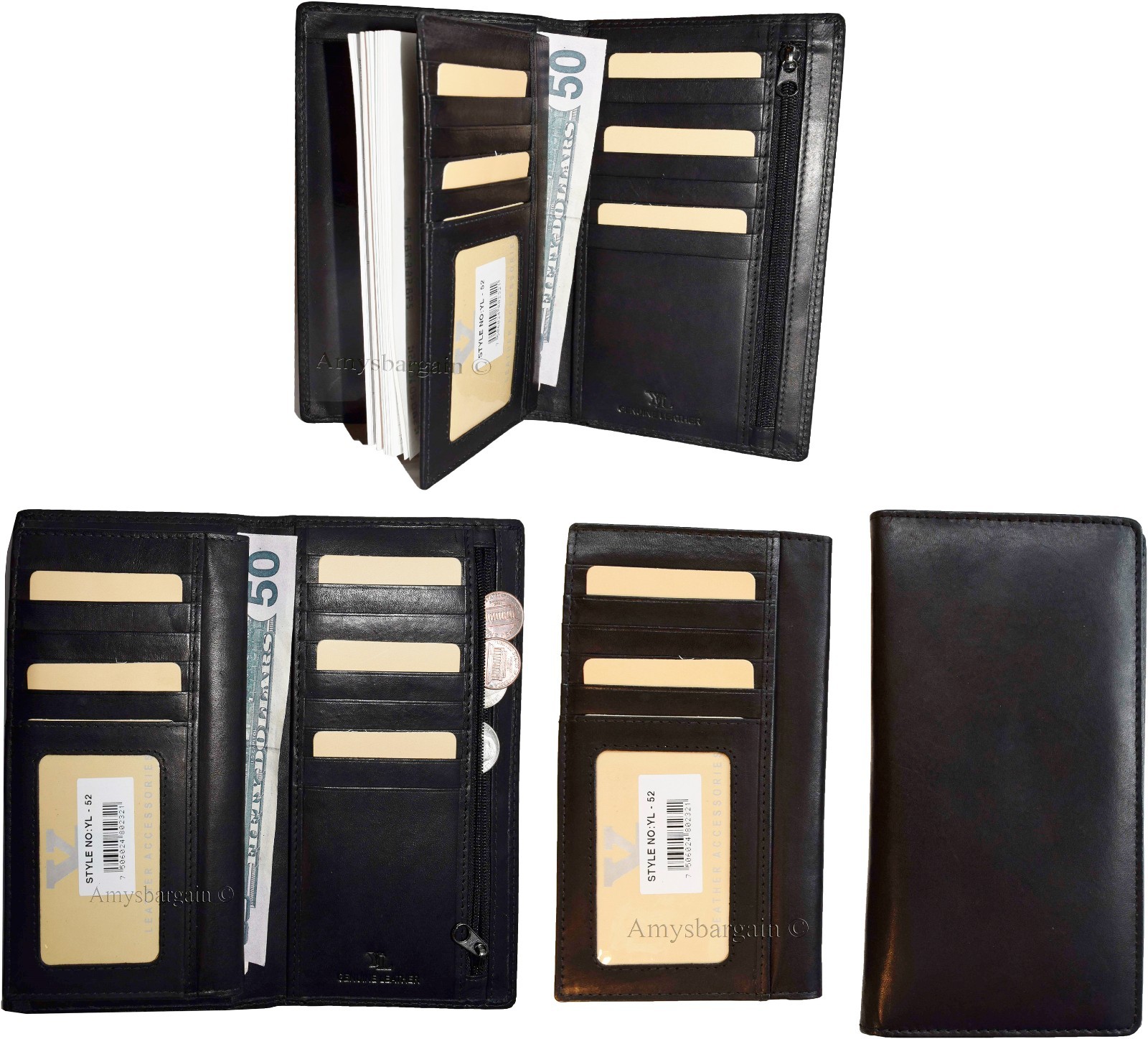 Lot of 3 New Black Leather checkbook wallet 14 credit card change purse ID BNWT