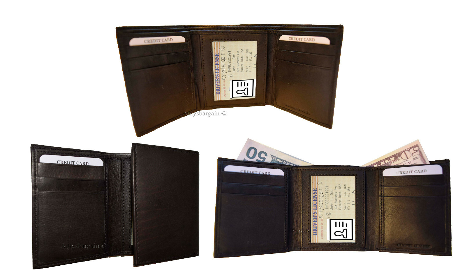 Lot of 3 New Men's Brown leather Trifold wallet 6 credit cards 2 bill slots new